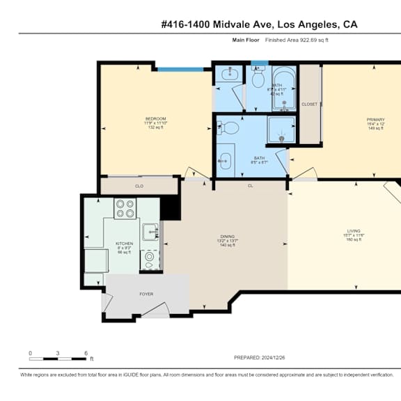 Thumbnail 2 of 3 A floor plan for a 2 bedroom 2 bathroom apartment at 1400 Midvale Ave, Los Angeles, CA.