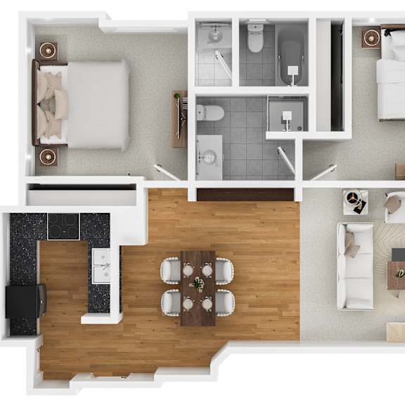 Thumbnail 1 of 3 A modern 3D floor plan for a 2 bedroom 2 bathroom apartment with furnitures.