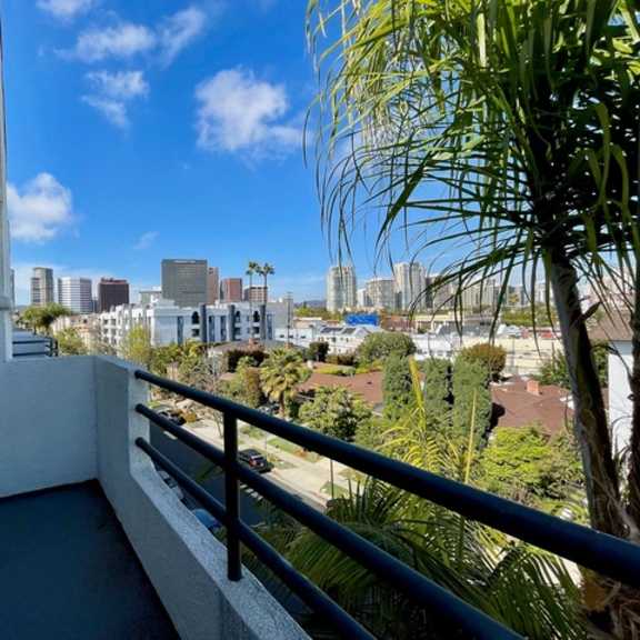 Thumbnail 42 of 53 A balcony overlooks a cityscape with buildings and palm trees.