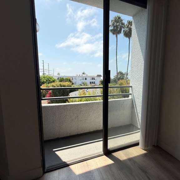 Thumbnail 37 of 39 A view from inside a room looking out to a balcony with a palm tree.