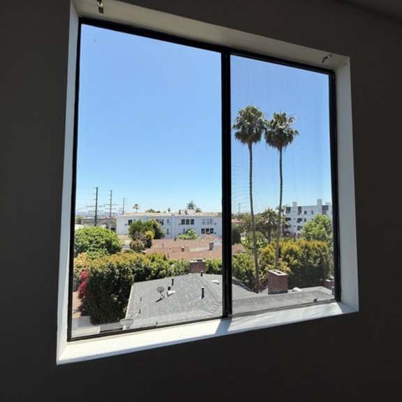 Thumbnail 5 of 16 A window with a view of a street and palm trees.