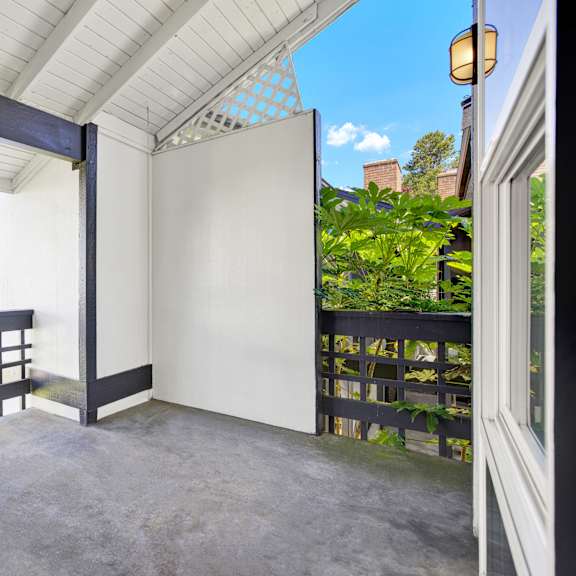 Thumbnail 15 of 18 A patio with a white door and a black railing.