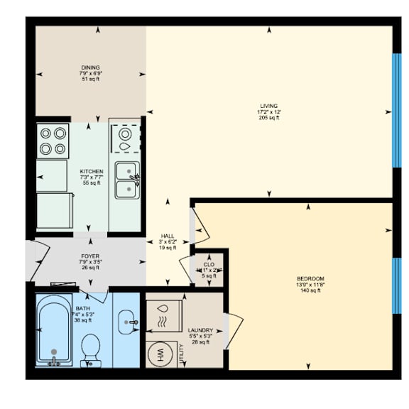 Thumbnail 1 of 3 A floor plan of a living space with a kitchen, bathroom, and laundry area.