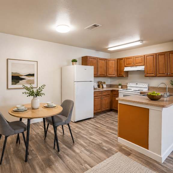 a kitchen with a dining table and chairs.