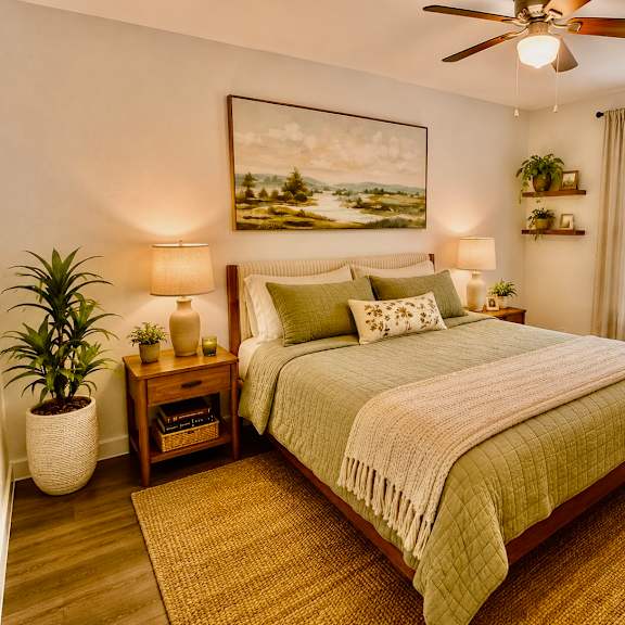 a bedroom with a bed, a ceiling fan, and a painting on the wall.