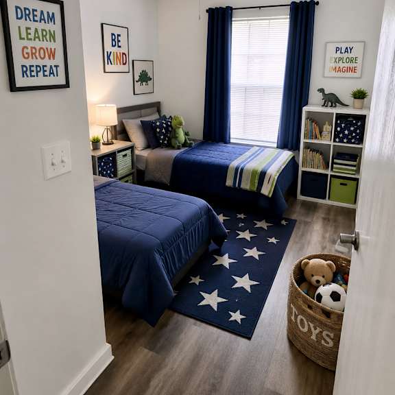 a bedroom with two beds, a ceiling fan, and a wall with inspirational quotes.