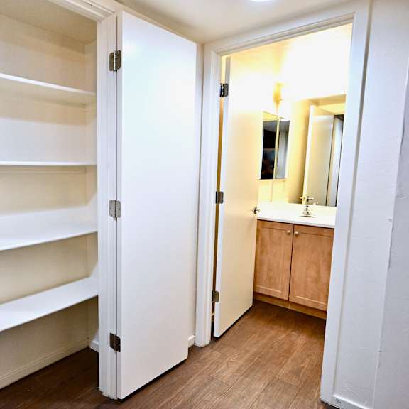a white closet with shelves and a mirror in the other room.