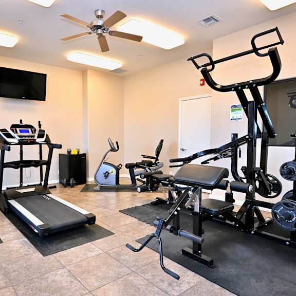 a home gym with a treadmill, elliptical trainer, and weights.