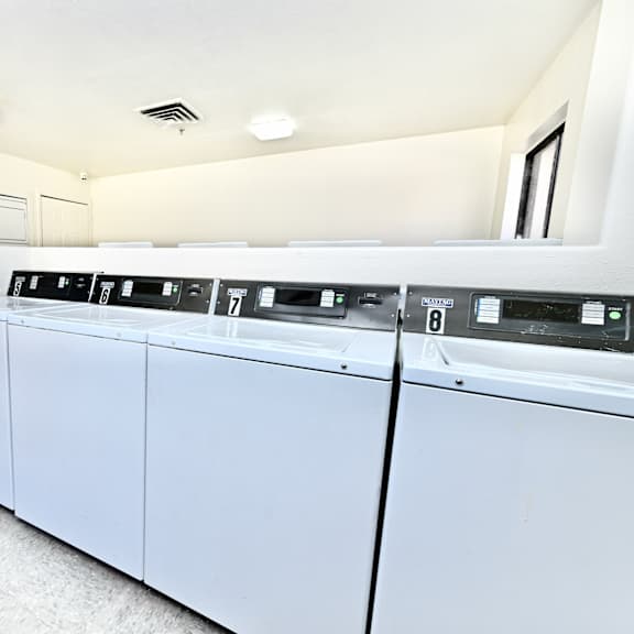 a row of white washing machines in a laundry room.