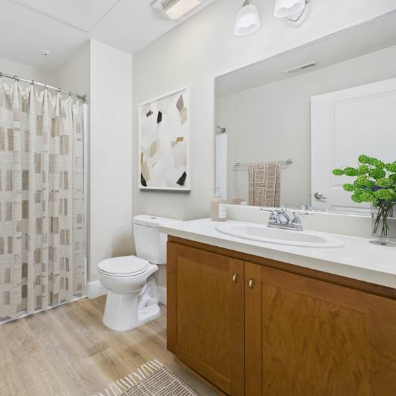 a bathroom with a toilet, sink, and shower.