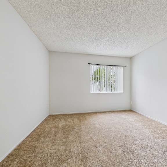 a room with a carpeted floor and a window with blinds.