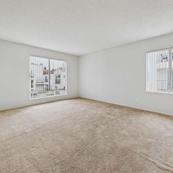 empty room with carpeted floor and two windows.