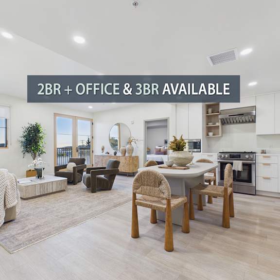 a modern kitchen and living room with a dining area and a text overlay that reads "2br + office & 3br available".