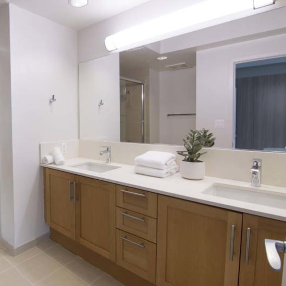 Thumbnail 5 of 9 a bathroom with two sinks and a large mirror