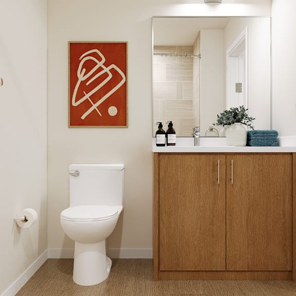 a white toilet sits in a bathroom next to a wooden cabinet.