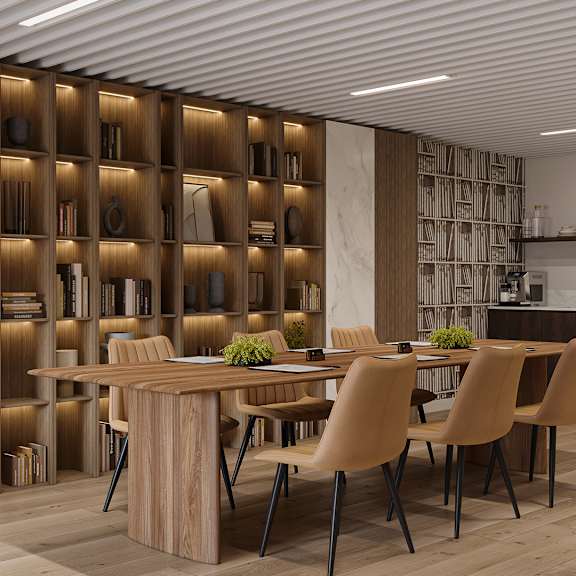 a modern dining room with a wooden table and chairs.