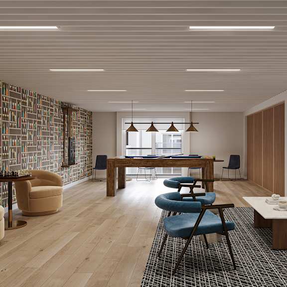 a modern living room with a wooden floor and a large window.