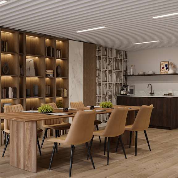 a modern dining room with a wooden table and chairs.