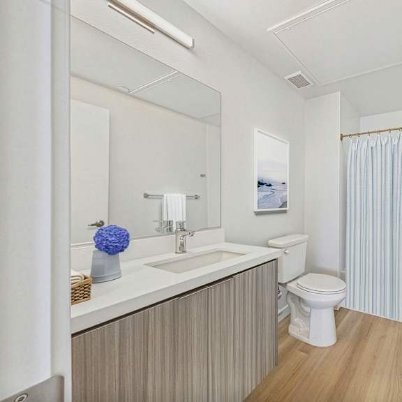 a bathroom with a white toilet, sink, and striped shower curtain.