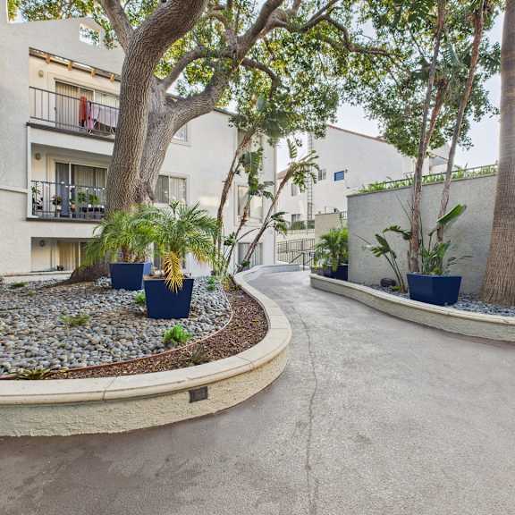 a courtyard with a gravel bed and a tree.
