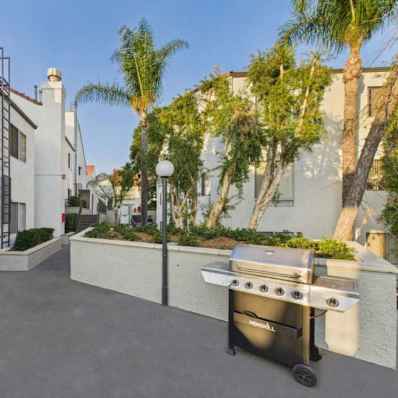 a patio with a grill and a tree.