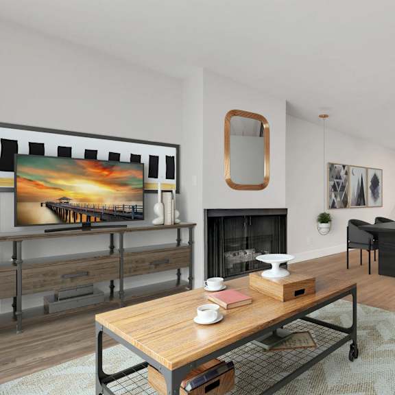 a modern living room with a fireplace and a painting on the wall.