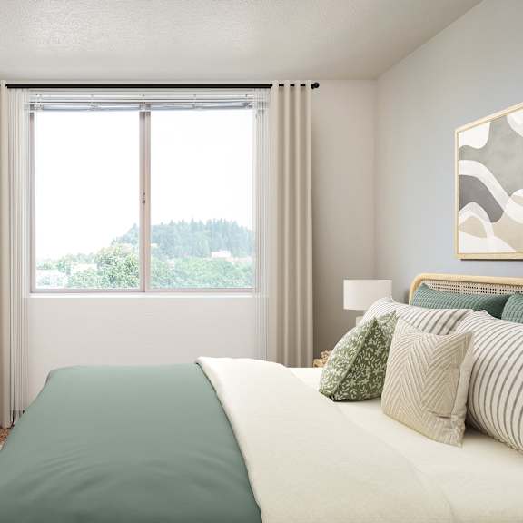 a bedroom with a large window and a bed with pillows