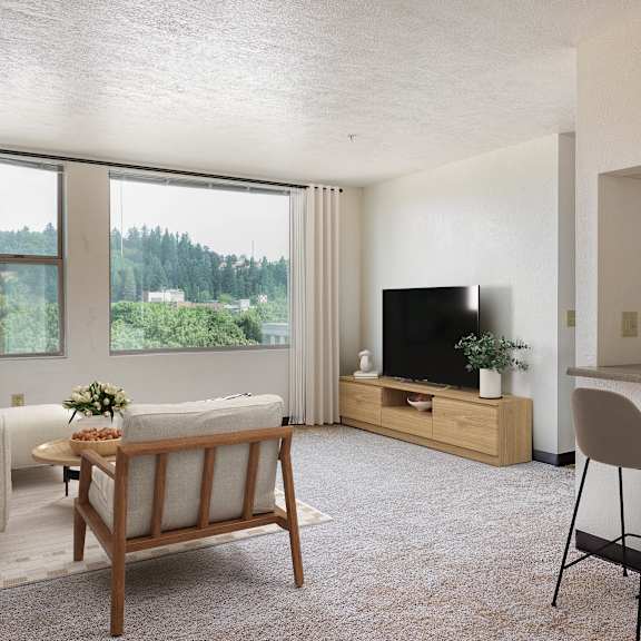 a living room with a couch and a table