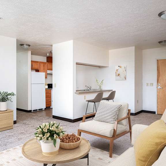 a living room with a tv and a kitchen in the background