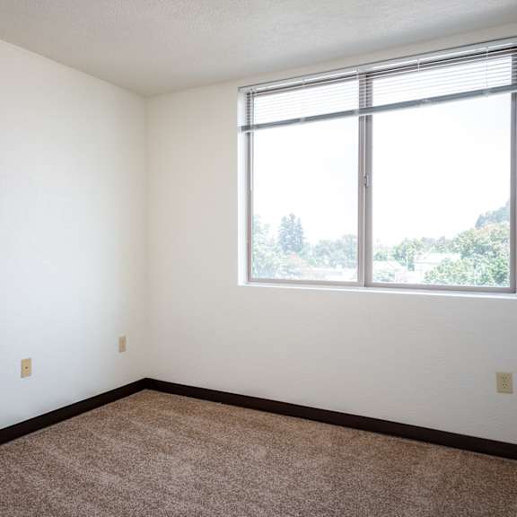 an empty room with a large window and carpet