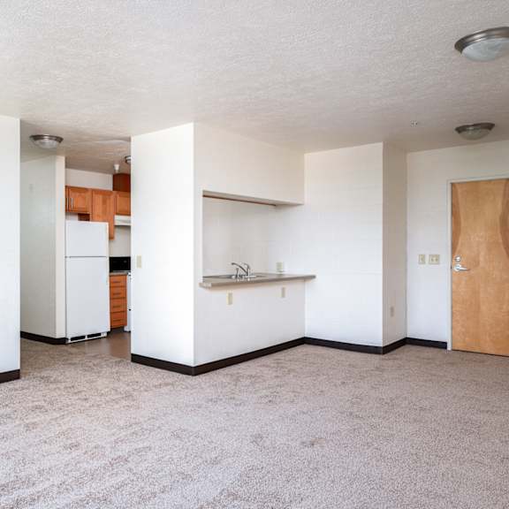 an empty living room and kitchen with a refrigerator and a sink