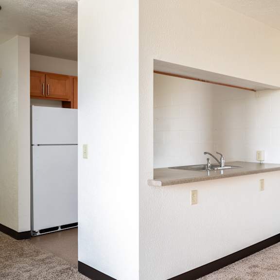 an empty kitchen with a sink and a refrigerator