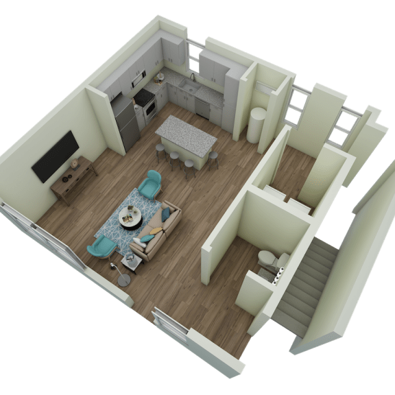 Thumbnail 1 of 3 Unit B4 Sycamore 2-bedroom, 2-bath 1,273 sqft 3D lower level floor plan at Canopy Park Apartments, Pelham Alabama
