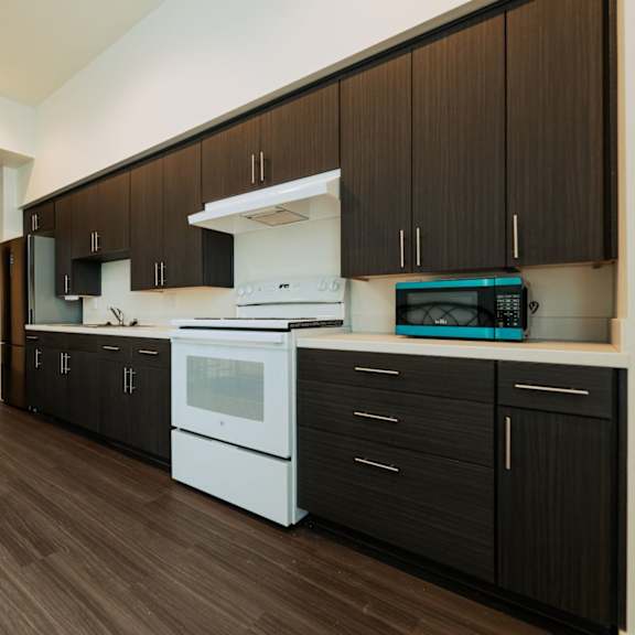 a kitchen with black cabinets and a white stove top oven.