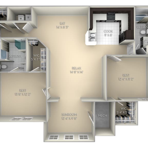 Thumbnail 2 of 2 Compass Pointe Village on the Lake 2 bedroom 2 bath unfurnished floor plan apartment in Spring Lake NC