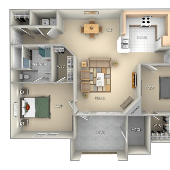 Thumbnail 1 of 2 2 bedroom 2 bath furnished floor plan A at Village on the Lake Apartments, North Carolina