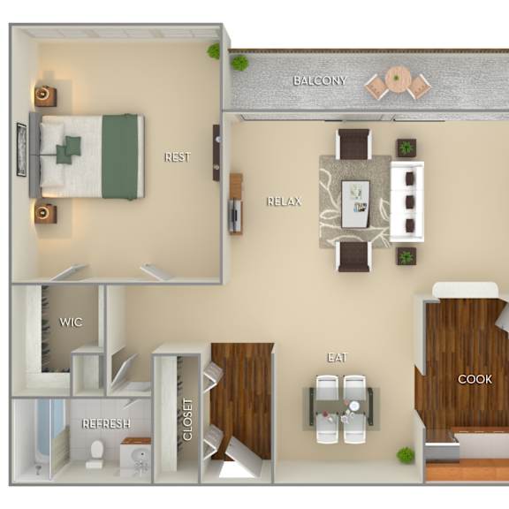 Thumbnail 1 of 2 A 3D rendered image of a house layout with labeled rooms.