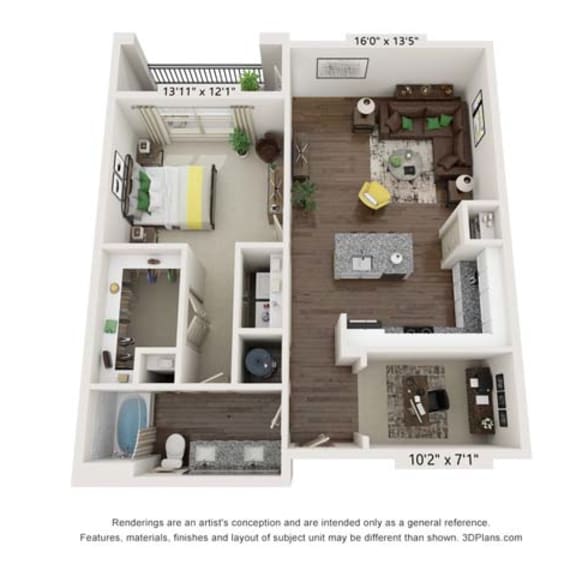 Thumbnail 3 of 4 3d furnished floor plan for a 1 bedroom 978 sq ft