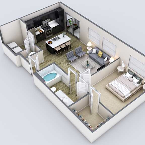 Thumbnail 2 of 2 a 3d floor plan of a house with a bedroom and a living room