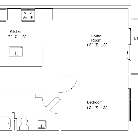 Thumbnail 1 of 2 A floor plan of a home showing a kitchen, living room, and two bedrooms.