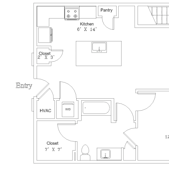 Thumbnail 1 of 2 A floor plan of a house with a kitchen, living room, and two bedrooms.