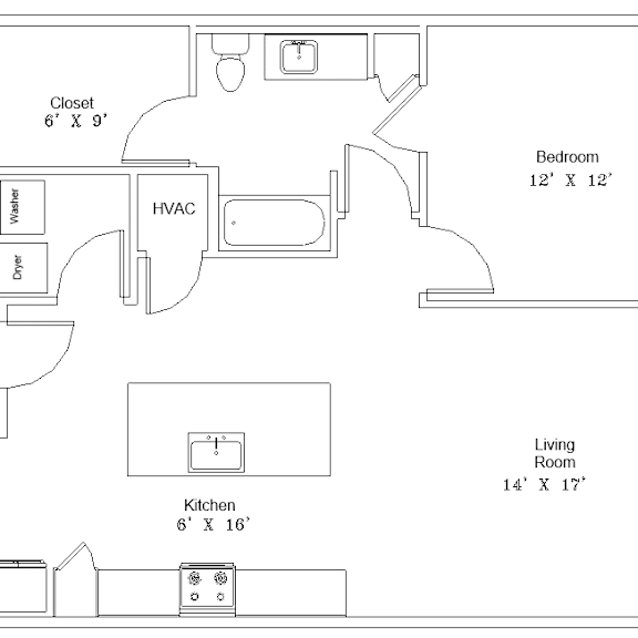 Thumbnail 1 of 2 A floor plan of a small apartment with a living room, kitchen, bedroom, and bathroom.
