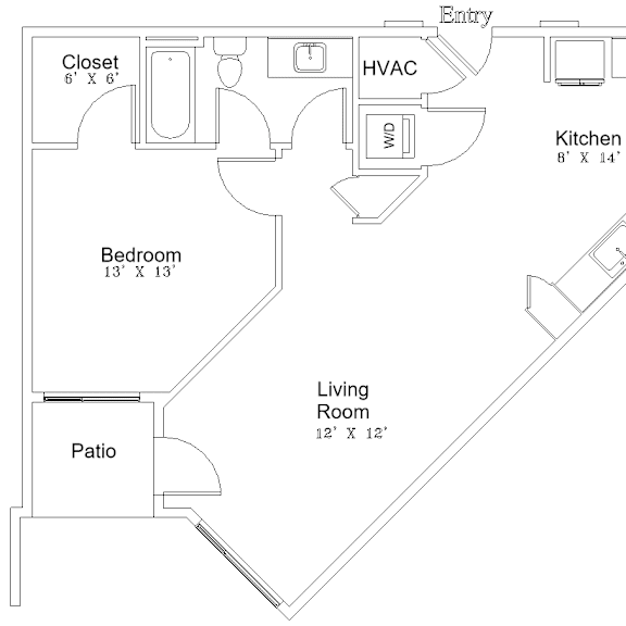Thumbnail 3 of 5 A floor plan of a house with a living room, bedroom, kitchen, patio, closet, and HVAC system.