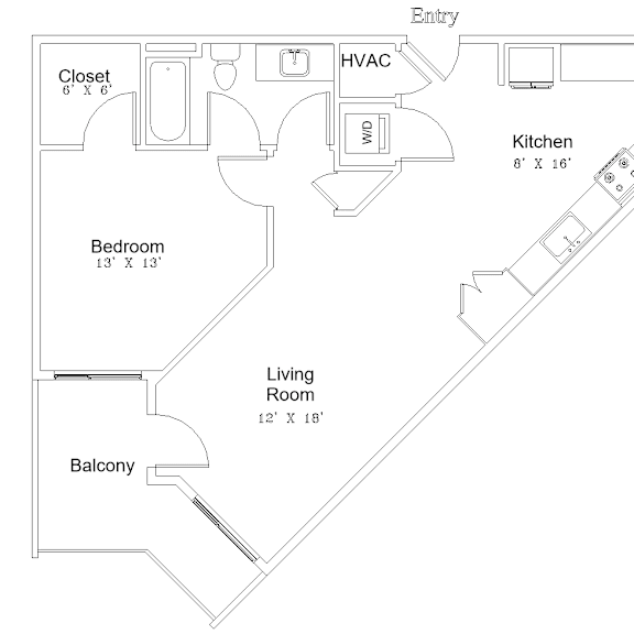 Thumbnail 5 of 5 A floor plan of a home with a living room, bedroom, kitchen, and balcony.