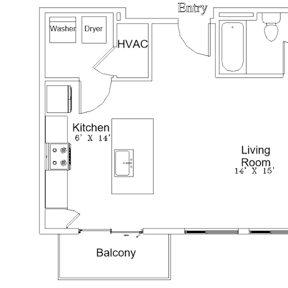 Thumbnail 1 of 2 A floor plan of a small apartment with a kitchen, living room, bedroom and bathroom.