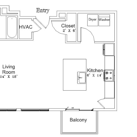 Thumbnail 1 of 2 A floor plan of a home with a bedroom, living room, kitchen, and closet.