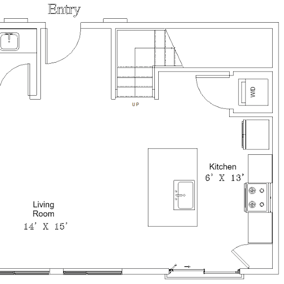 Thumbnail 1 of 2 A floor plan of a small apartment with a bedroom, living room, kitchen, and closet.