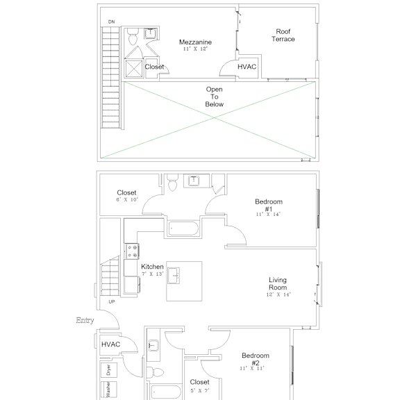 Thumbnail 1 of 4 A floor plan of a home with a kitchen, living room, and two bedrooms.