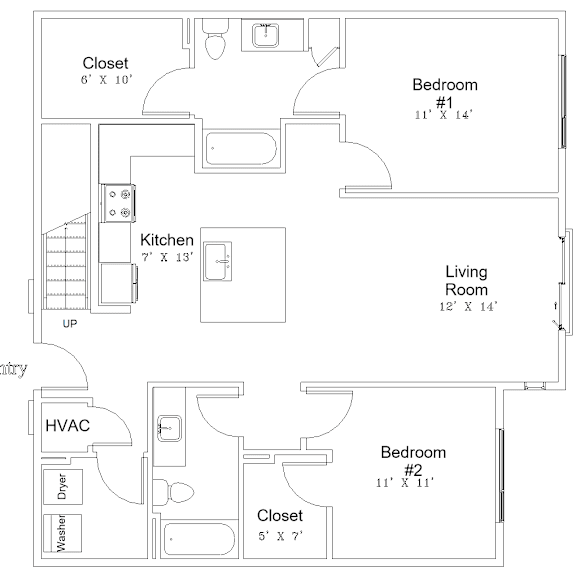Thumbnail 3 of 4 A floor plan of a small apartment with two bedrooms, a kitchen, and a living room.