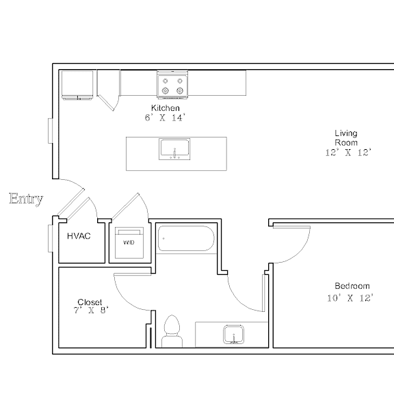 Thumbnail 1 of 2 A floor plan of an apartment with a kitchen, living room, balcony, bathroom, and entry.